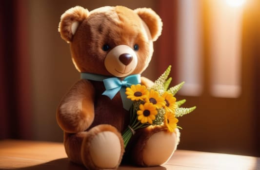 Teddy bear is holding bouquet of flowers isolated on pastel background. Concept of birthday and warmth, affection as teddy bear is symbol of love and comfort. Flowers add touch of beauty, color