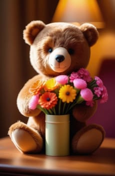 Teddy bear is holding bouquet of flowers isolated on pastel background. Concept of birthday and warmth, affection as teddy bear is symbol of love and comfort. Flowers add touch of beauty, color