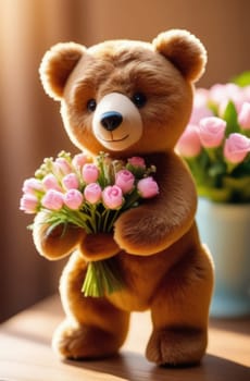 Teddy bear is holding bouquet of flowers isolated on pastel background. Concept of birthday and warmth, affection as teddy bear is symbol of love and comfort. Flowers add touch of beauty, color