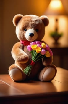 Teddy bear is holding bouquet of flowers isolated on pastel background. Concept of birthday and warmth, affection as teddy bear is symbol of love and comfort. Flowers add touch of beauty, color