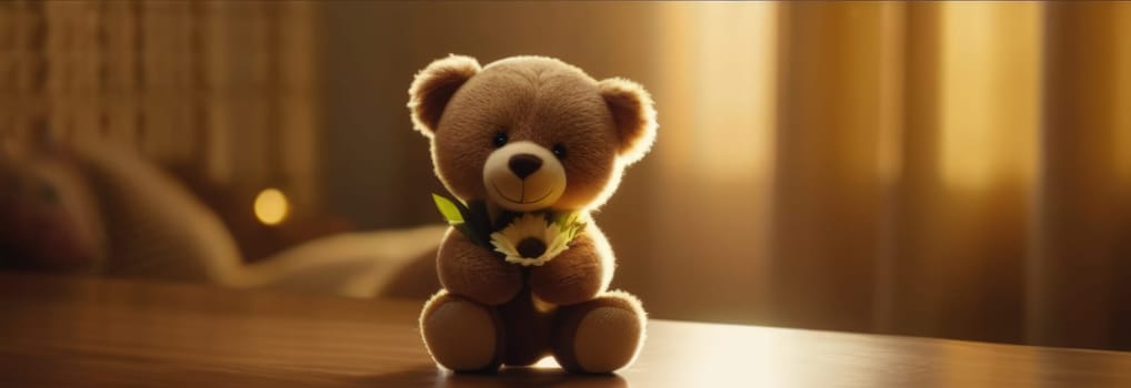 Teddy bear is holding bouquet of flowers isolated on pastel background. Concept of birthday and warmth, affection as teddy bear is symbol of love and comfort. Flowers add touch of beauty, color