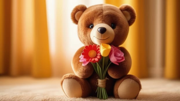 Teddy bear is holding bouquet of flowers isolated on pastel background. Concept of birthday and warmth, affection as teddy bear is symbol of love and comfort. Flowers add touch of beauty, color