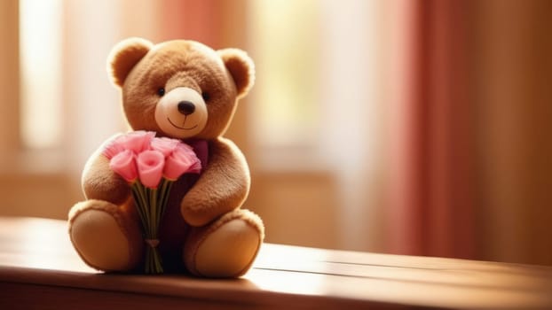 Teddy bear is holding bouquet of flowers isolated on pastel background. Concept of birthday and warmth, affection as teddy bear is symbol of love and comfort. Flowers add touch of beauty, color