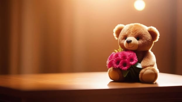 Teddy bear is holding bouquet of flowers isolated on pastel background. Concept of birthday and warmth, affection as teddy bear is symbol of love and comfort. Flowers add touch of beauty, color