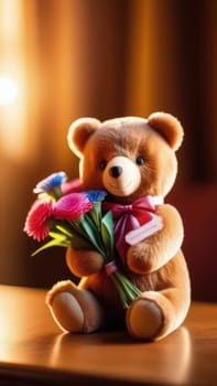 Teddy bear is holding bouquet of flowers isolated on pastel background. Concept of birthday and warmth, affection as teddy bear is symbol of love and comfort. Flowers add touch of beauty, color