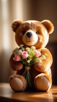 Teddy bear is holding bouquet of flowers isolated on pastel background. Concept of birthday and warmth, affection as teddy bear is symbol of love and comfort. Flowers add touch of beauty, color