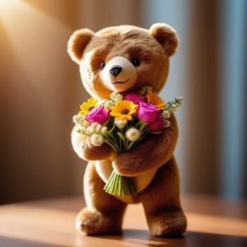 Teddy bear is holding bouquet of flowers isolated on pastel background. Concept of birthday and warmth, affection as teddy bear is symbol of love and comfort. Flowers add touch of beauty, color