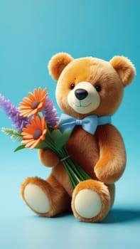 Teddy bear is holding bouquet of flowers isolated on pastel background. Concept of birthday and warmth, affection as teddy bear is symbol of love and comfort. Flowers add touch of beauty, color