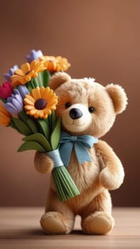 Teddy bear is holding bouquet of flowers isolated on pastel background. Concept of birthday and warmth, affection as teddy bear is symbol of love and comfort. Flowers add touch of beauty, color