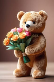 Teddy bear is holding bouquet of flowers isolated on pastel background. Concept of birthday and warmth, affection as teddy bear is symbol of love and comfort. Flowers add touch of beauty, color