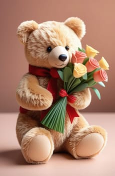 Teddy bear is holding bouquet of flowers isolated on pastel background. Concept of birthday and warmth, affection as teddy bear is symbol of love and comfort. Flowers add touch of beauty, color