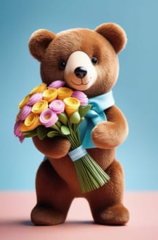 Teddy bear is holding bouquet of flowers isolated on pastel background. Concept of birthday and warmth, affection as teddy bear is symbol of love and comfort. Flowers add touch of beauty, color