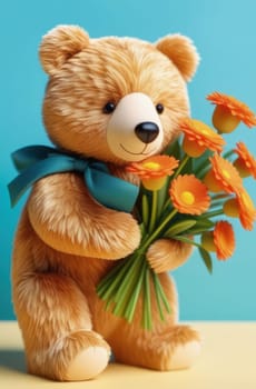 Teddy bear is holding bouquet of flowers isolated on pastel background. Concept of birthday and warmth, affection as teddy bear is symbol of love and comfort. Flowers add touch of beauty, color