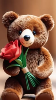 Teddy bear is holding bouquet of flowers isolated on pastel background. Concept of birthday and warmth, affection as teddy bear is symbol of love and comfort. Flowers add touch of beauty, color