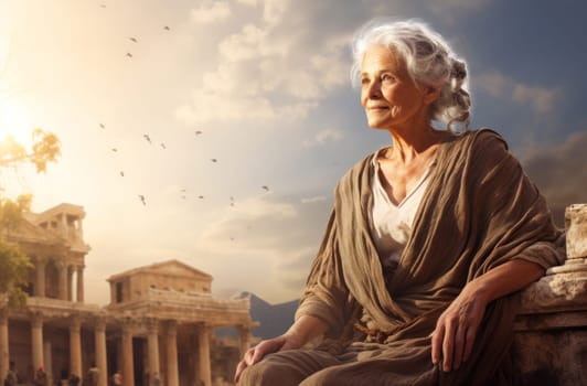 Historical Greek old woman ancient city. Culture city. Generate Ai