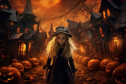 Girl halloween house. Holiday fear. Generate Ai