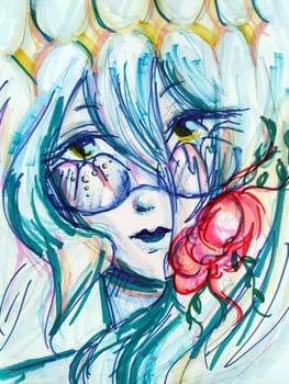 portrait of a pensive girl with glasses and a red flower in her blue hair, anime illustration.