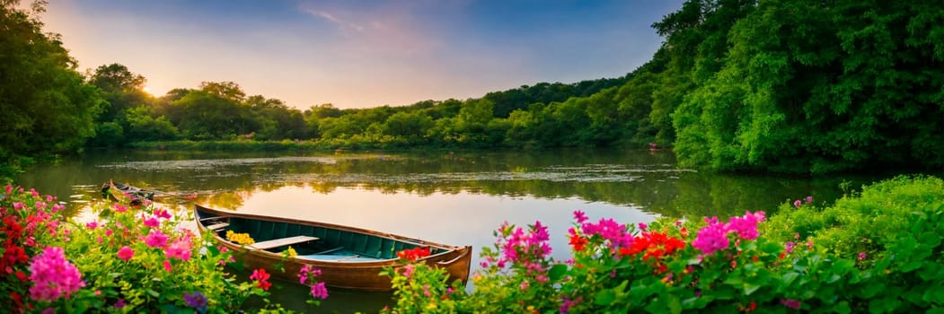 boat on the river with flowers. Selective focus. nature.