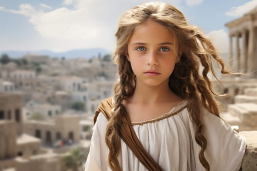 Aesthetic Child girl ancient greek city. Tourism history. Generate Ai