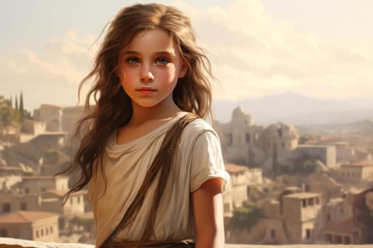 Youthful Child girl ancient greek city. Tourism history. Generate Ai