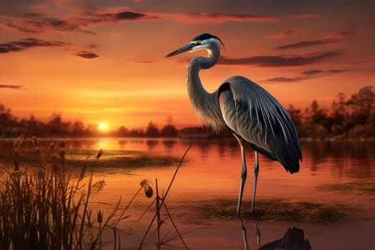 Heron lake sunset. Lake evening. Generate Ai
