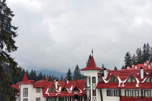 Ski town Pamporovo in a coniferous forest in Bulgaria.