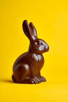 A delicious looking chocolate bunny sits elegantly against a bright yellow backdrop, evoking the festive spirit of Easter - Generative AI