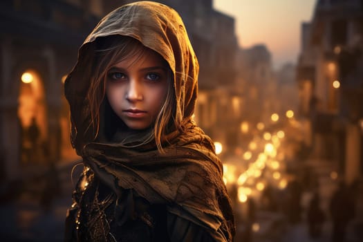 Resilient Hooded warrior girl. Face knight female. Generate Ai