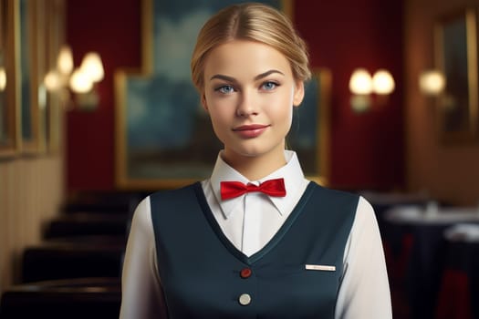 Elegant Hostess uniform. Model young woman. Generate Ai