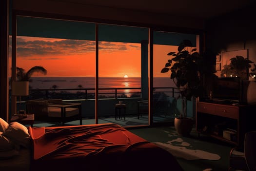 Hotel room sunset. Modern holiday. Generate Ai