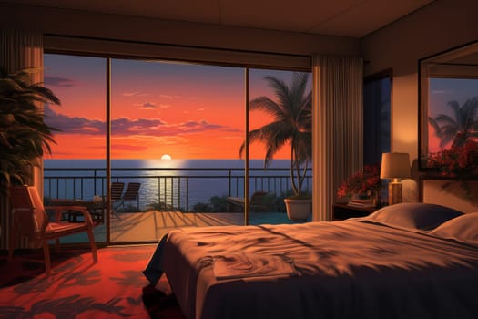 Picturesque Hotel room sunset. Modern holiday. Generate Ai