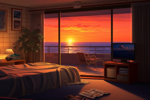 Serene Hotel room sunset. Modern holiday. Generate Ai