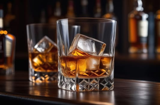 Glasses of whiskey with ice cubes in them on top of bar table next to a bottle, perfectly chilled and ready to enjoy. Night club background decoration mock up, bar drinking menu, advertising, banner