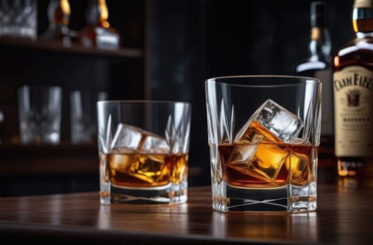 Glasses of whiskey with ice cubes in them on top of bar table next to a bottle, perfectly chilled and ready to enjoy. Night club background decoration mock up, bar drinking menu, advertising, banner