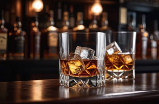 Glasses of whiskey with ice cubes in them on top of bar table next to a bottle, perfectly chilled and ready to enjoy. Night club background decoration mock up, bar drinking menu, advertising, banner