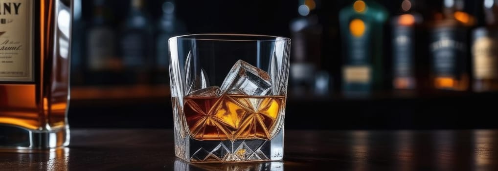 Glasses of whiskey with ice cubes in them on top of bar table next to a bottle, perfectly chilled and ready to enjoy. Night club background decoration mock up, bar drinking menu, advertising, banner