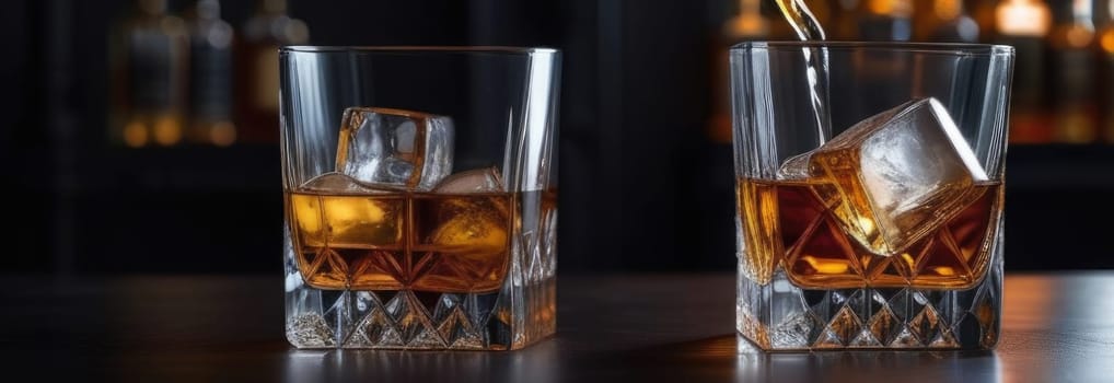Glasses of whiskey with ice cubes in them on top of bar table next to a bottle, perfectly chilled and ready to enjoy. Night club background decoration mock up, bar drinking menu, advertising, banner