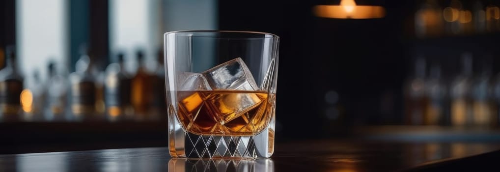 Glasses of whiskey with ice cubes in them on top of bar table next to a bottle, perfectly chilled and ready to enjoy. Night club background decoration mock up, bar drinking menu, advertising, banner