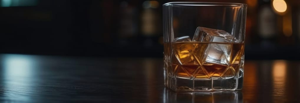 Glasses of whiskey with ice cubes in them on top of bar table next to a bottle, perfectly chilled and ready to enjoy. Night club background decoration mock up, bar drinking menu, advertising, banner