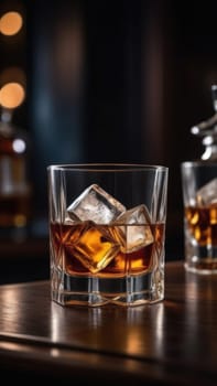 Glasses of whiskey with ice cubes in them on top of bar table next to a bottle, perfectly chilled and ready to enjoy. Night club background decoration mock up, bar drinking menu, advertising, banner
