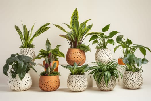 Colorful Houseplants ceramic pots. Tropical leaves. Generate Ai
