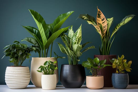 Ornate Houseplants ceramic pots. Tropical leaves. Generate Ai