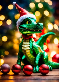 dragon in santa's hat year of the dragon. Selective focus. holiday.