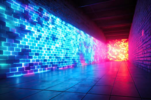 Abstract holographic neon corridor with reflection.