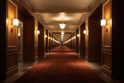 Interior long hotel corridor. Wall door floor. Generate Ai