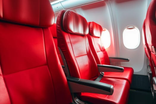 Spacious Empty aircraft red interior. Inside cabin. Generate Ai
