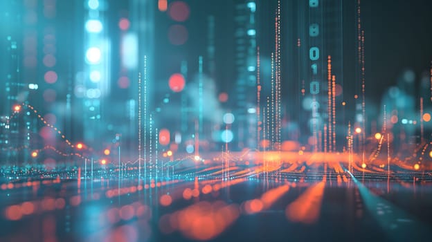 Dynamic Finance Flow, Double Exposure of Data and Technology background. Neural network generated image. Not based on any actual scene or pattern.