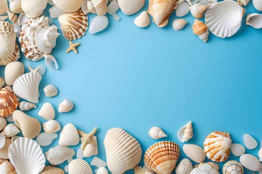 Seashells, pebbles, mockup on blue background. Blank, top view, still life, flat lay. Sea vacation travel concept tourism and resorts. Summer holidays. Neural network generated in January 2024. Not based on any actual scene or pattern.