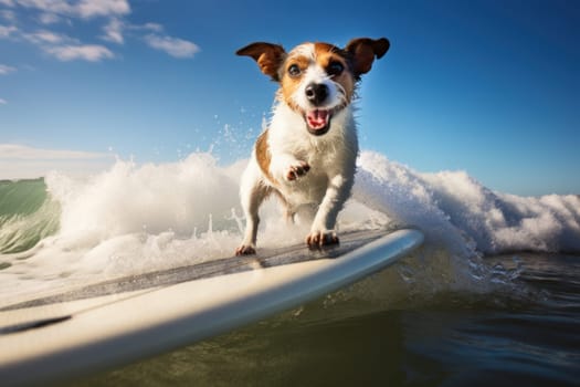 Determined Jack russell dog surfing. Travel holiday. Generate Ai