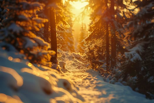 A wintery landscape with a forest path, snow-covered trees and a serene atmosphere. AI generated.